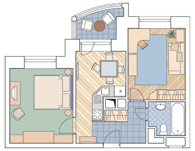 Двухкомнатная квартира общей площадью 44<nbsp/>м<sup>2</sup> в монолитном доме.
