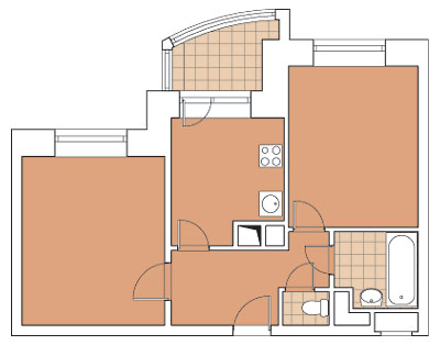 Двухкомнатная квартира общей площадью 44<nbsp/>м<sup>2</sup> в монолитном доме.
