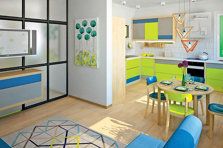 Сочетание цветов в интерьере: нейтральные стены и яркая мебель