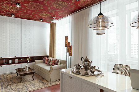 Приём в стиле этно-фьюжн: обои с орнаментом на потолке