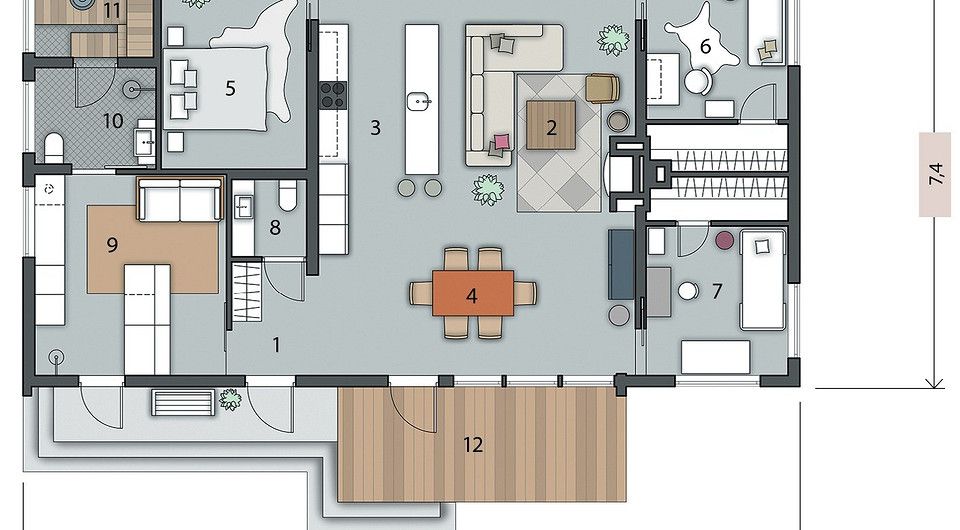 Экспликация: 1. Прихожая 4 м2 2. Зона гостиной 27 м2 3. Зона кухни 9,6 м2 4. Зона столовой 12,5 м2 5. Спалaьня родителей 11,3 м2 6. Детская 11,3 м2 7. Детская 11,3 м2 8. Санузел 2,3 м2 9....