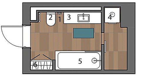Экспликация: 
1. Полотенце-сушитель
2. Унитаз
3. Умывальник
4. Стиральная машина 
5. Ванна
6. Шкаф