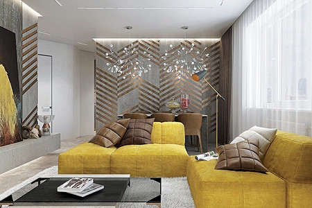 Яркий минимализм в дизайне двушки: бетон и жёлтые акценты