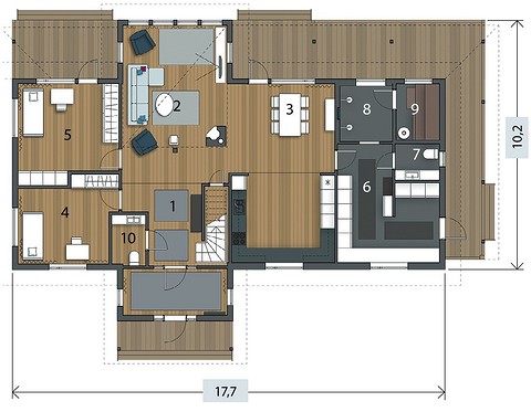 Экспликация первого этажа: 
1. Прихожая	10 м²
2. Гостиная	26,6 м²
3. Кухня- столовая	31 м²
4. Гостевая спальня 	13,3 м²
5. Гостевая спальня	16,7 м²
6. Техническое помещение	17,1 м²
7. Туа...