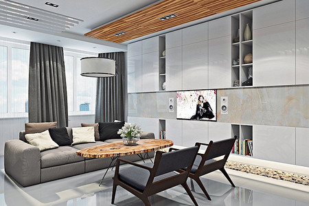 Современная двушка для горожанина: камень в отделке, мебель из массива и телевизор в ванной