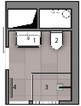 Экспликация: 
1. Умывальник
2. Унитаз
3. Душевой уголок
4. Полотенцесушитель