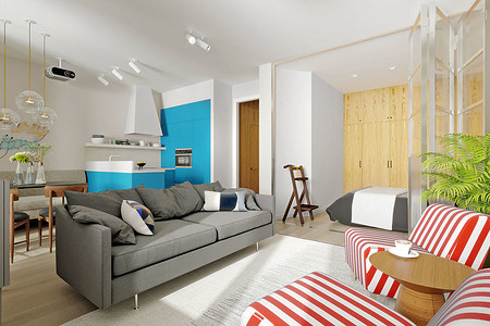 Однушка с открытой планировкой в стиле mid-century modern