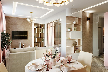 Нежный дизайн однушки в пудровых оттенках