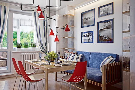 Двушка в морском стиле, в которой центром притяжения стали кухня и лоджия