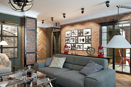 Уютный лофт с винтажной мебелью и красными акцентами