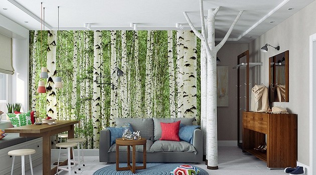 Дизайн квартиры с акцентом на дерево: доски в спальне и берёзы в гостиной