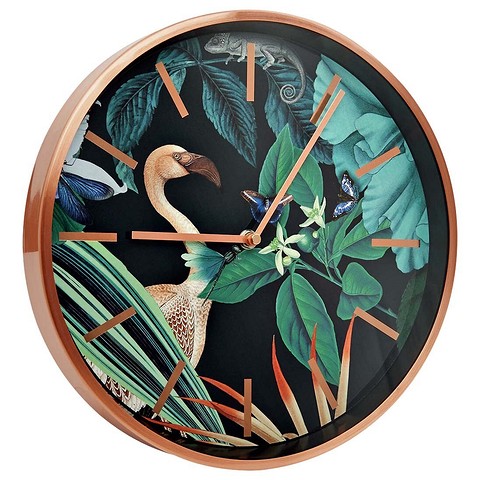 Фон циферблата настенных часов Amelie выполнен в черном цвете и дополнен эффектным рисунком в тропическом стиле. 