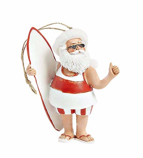 Такого вы точно не видели — подвес Surfing Santa в виде Санта-Клауса, который держит доску для серфинга. Забавно и тематично.
