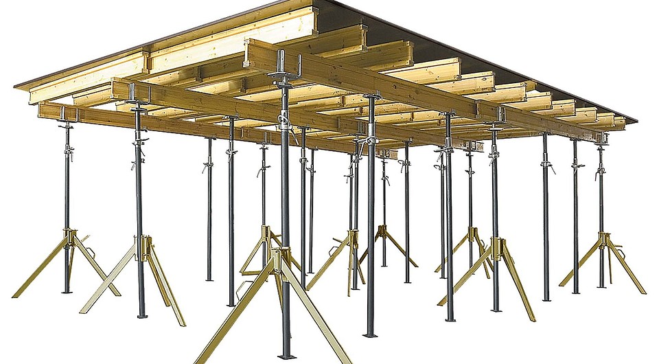 Монтаж монолитного перекрытия облегчит сборная опалубка с регулируемыми стойками. Правда, стоимость её аренды довольно высока — от 1600 руб. за 50 кв.м в день