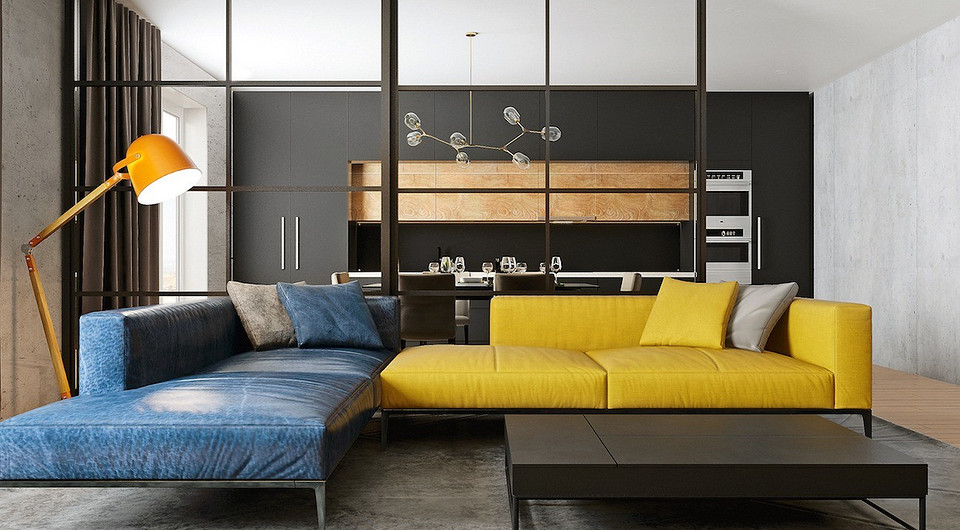 Лофт, в котором стены заменили стеклянной перегородкой и стеллажом