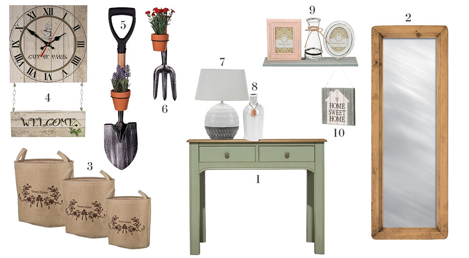 1. Консоль «Оливия», pm.ru 2. Зеркало настенное, pm.ru 3. Набор корзин, mrdom.ru 4. Настенные часы (30х52 см) с подвесным декором, mebelion.ru 5....