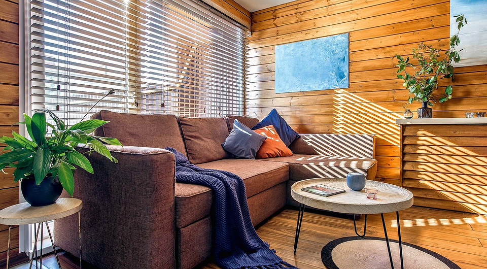 Обстановку гостиной составляют только самые необходимые предметы. Угловой диван раскладывается, обеспечивая дополнительное спальное место в случае приезда гостей