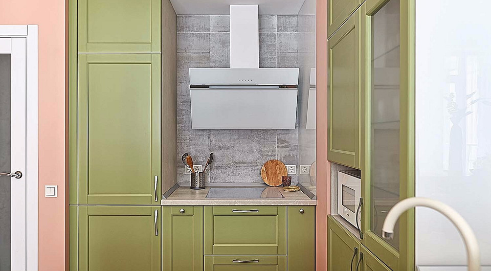 Прорабатывая дизайн и детали кухни, старались по максимуму уйти от утилитарного образа и сделать её частью гостиной. С этой целью все шкафы и полки сделали закрытыми, для фартука подобра...