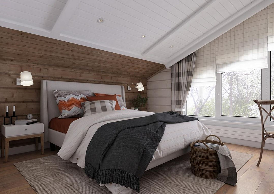 Мансарда имитация бруса. Спальня мансарда дерево. Спальня на мансарде. Деревянный потолок в спальне. Деревянная мансарда интерьер.