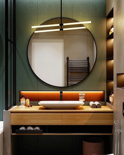 Идеи для ванной комнаты в зеленых тонах с элементами дерева