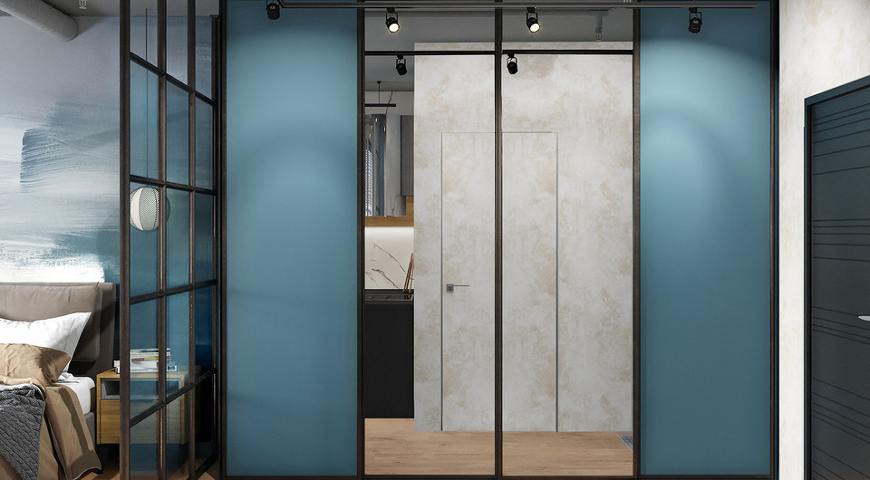 Единственную межкомнатную дверь планируют сделать со скрытым коробом. Со стороны прихожей на полотно нанесут декоративную штукатурку, как на стенах, а со стороны санузла окрасят.