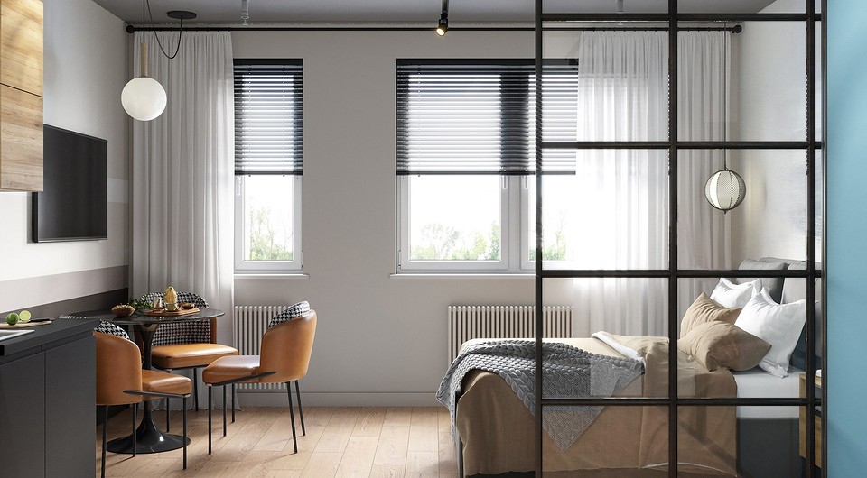 «В зоне кухни и спальни мы использовали контрастную цветовую схему, но в качестве основного цвета выступает дымчатый белый», — рассказывают авторы проекта.