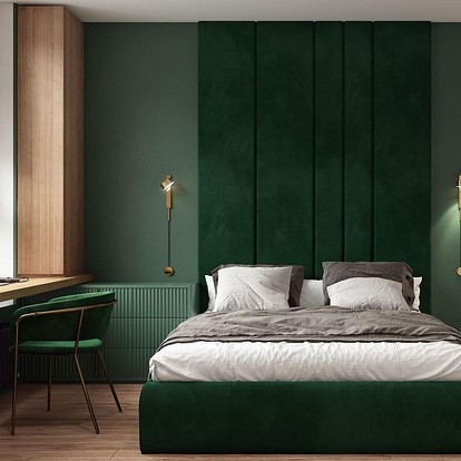 Зеленая спальня: 63 фото дизайна интерьера с темно-зелеными тонами