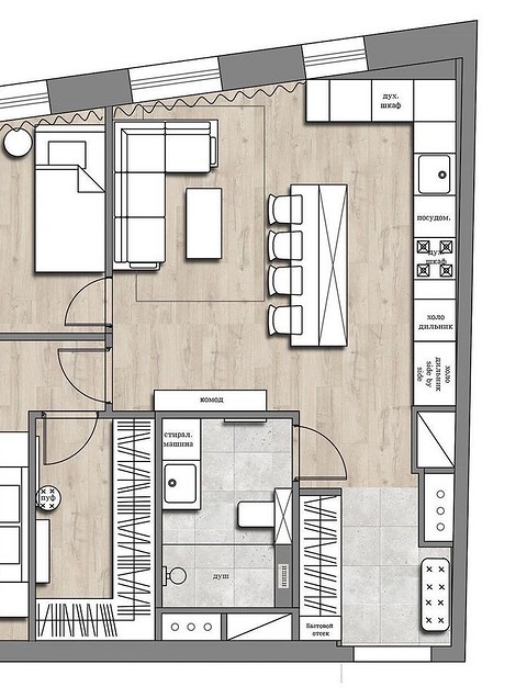 Здесь мы видим достаточно просторную кухню-гостиную площадью 18 квадратов. Квартира для семьи с детьми, поэтому зона готовки нужна была достаточно вместительная. Для гарнитура выбрали Г-о...