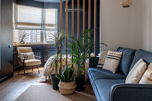 Графичный интерьер однокомнатной квартиры с гостиной-спальней и гардеробной на лоджии