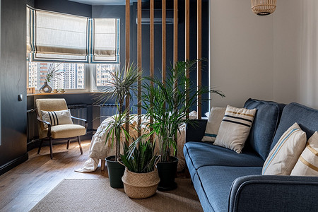 Графичный интерьер однокомнатной квартиры с гостиной-спальней и гардеробной на лоджии