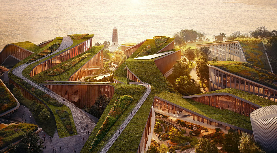 Архитекторы показали проект рабочего и выставочного центра в виде зеленого каньона в Китае