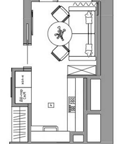 Например, в этой однокомнатной квартире под место для готовки застройщик выделил 12 квадратов в прямоугольной комнате, в дальней ее части. Шкафы и технику расположили вдоль трех стен. Сде...