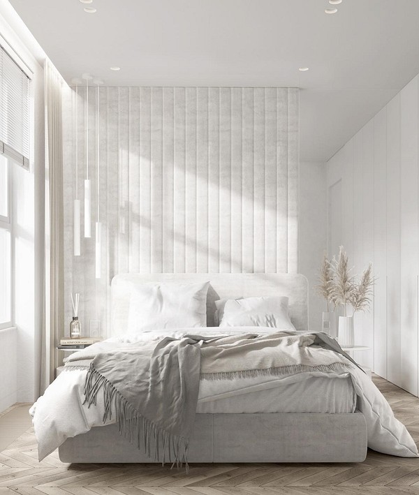 интерьер спальни в современном стиле с белой мебелью