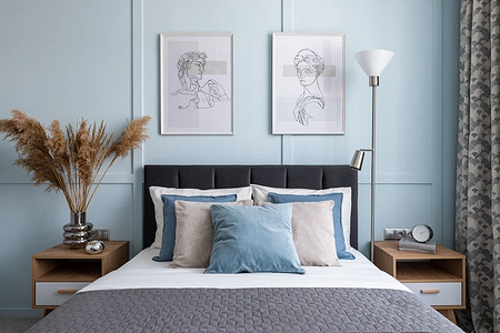 Голубая спальня: идеи оформления, подходящие стили и 110 фото