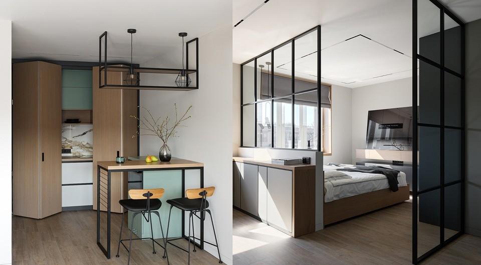 Кухня в шкафу и спальня за стеклом: квартира 43 кв. м, которая кажется в два раза больше
