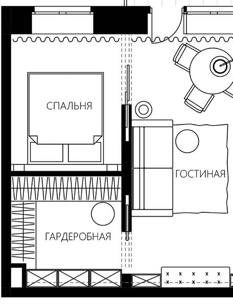 Длинный прямоугольник разделили глухим простенком, выделив таким образом небольшую спальную зону площадью 7,6 кв. м и гардеробную 5,9 кв. м с отдельным входом из гостиной. В итоге получил...