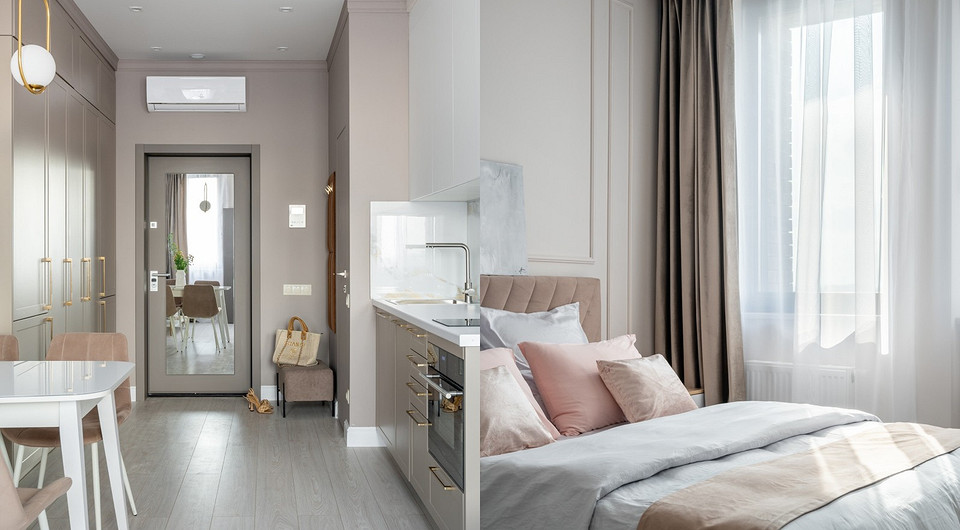 Однушка 30 кв. м с гардеробной и спальней! Крутые идеи: шкаф из кухонных модулей, напольное зеркало из дверной панели и другое