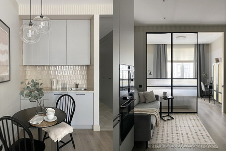 Студия 29 кв. м с функциями двушки: пример стильного и практичного интерьера