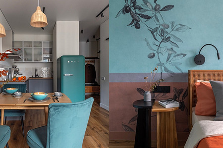 В этот яркий интерьер легко влюбиться! Маленькая квартира 47 кв. м для молодой пары