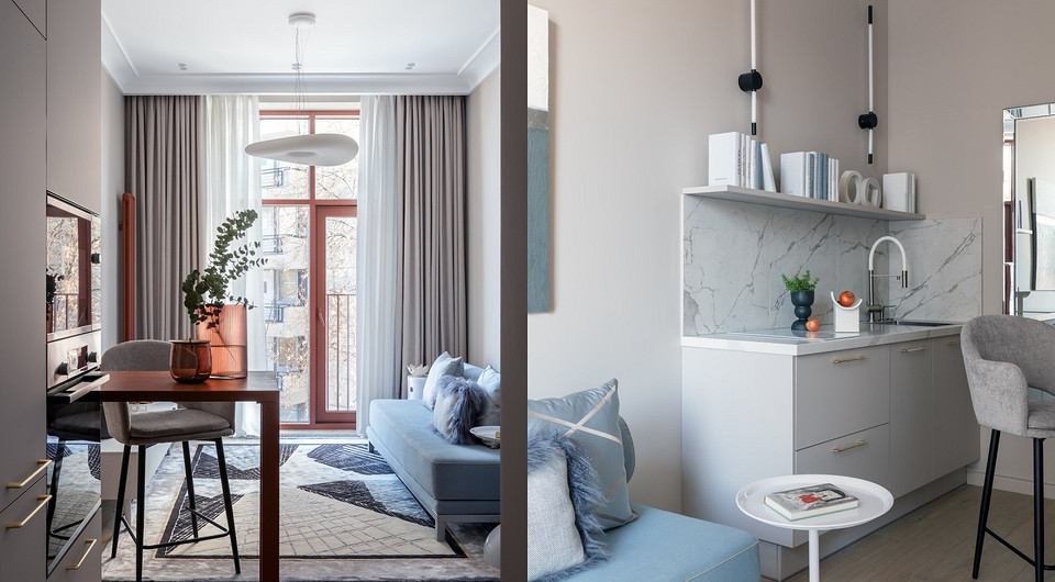 Интерьер в подарок дочке от родителей: крошечная уютная студия 22 кв. м