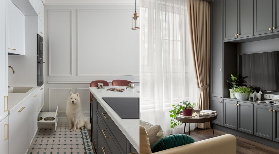 Уютная квартира 67 кв. м для молодоженов и большой собаки: красивая отделка, продуманная мебель и идеи для интерьера собачников Уютная квартира 67 кв. м для молодоженов и большой собаки: красивая отделка, продуманная мебель и идеи для интерьера собачников