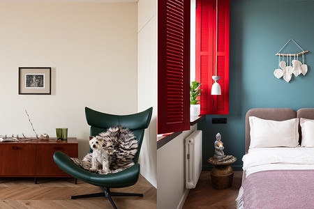 Квартира для мамы и дочки: красные ставни, песочные стены и бирюза в интерьере 65 кв. м