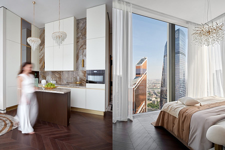 Роскошный, трендовый и с потрясающим видом: интерьер квартиры 85 кв. м под сдачу в Москва-Сити