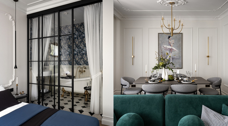 Ванная за стеклом и декоративный камин: потрясающая квартира 45 кв. м в исторической сталинке