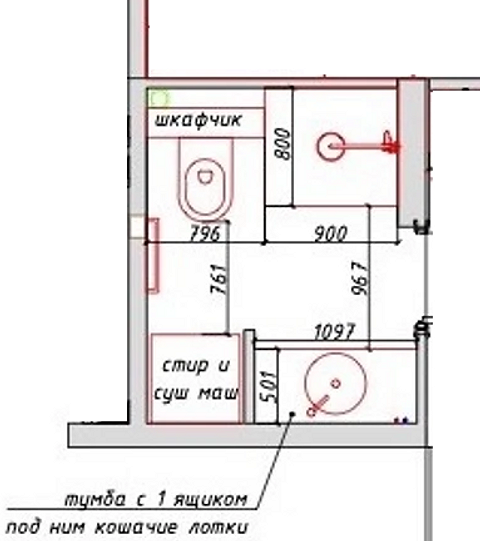 В этом проекте мебель и сантехнику расположили по тому же принципу — по бокам от входа. Здесь установили только душевую, она находится справа от двери. За ней — унитаз с хр...