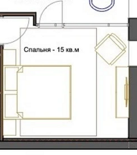 Из-за особенностей квадратной формы мебель здесь расставили не вдоль стен друг за другом, а по периметру, «лицом» к центру. Это стандартный вариант планировки таких спален. Кровать&n...
