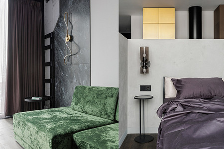 Женственный лофт! Необычные апартаменты 44 кв. м с бетонными балками и «золотой» кухней