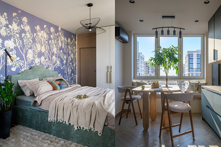 Шикарная квартира дизайнера: интерьер 72 кв. м с настоящим деревом на кухне и красивой отделкой