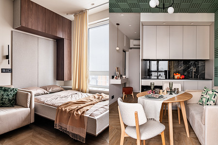 Квартира для сына-студента: функциональный и уютный интерьер студии 21 кв. м с функциями двушки