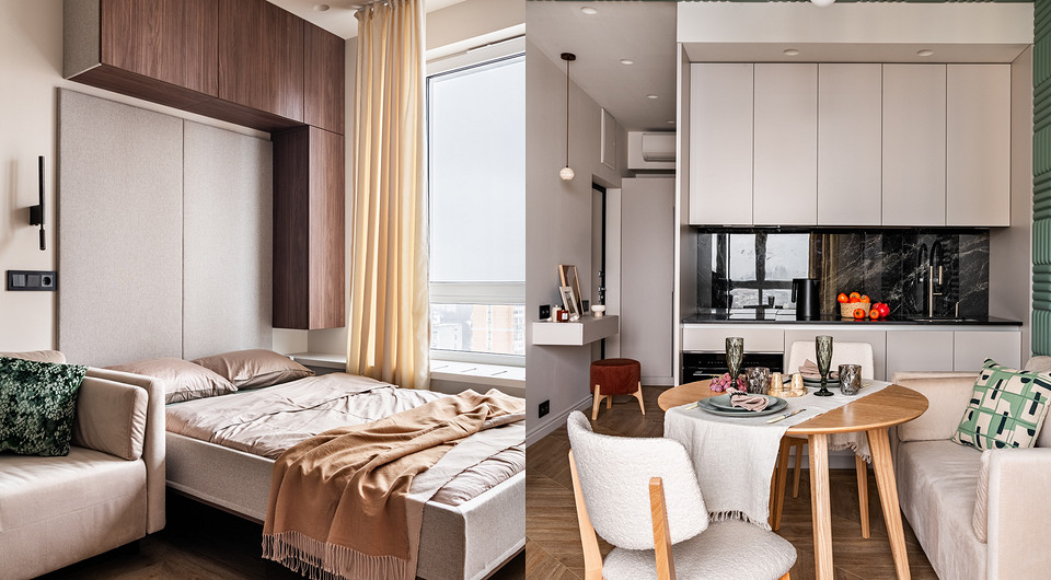 Квартира для сына-студента: функциональный и уютный интерьер студии 21 кв. м с функциями двушки